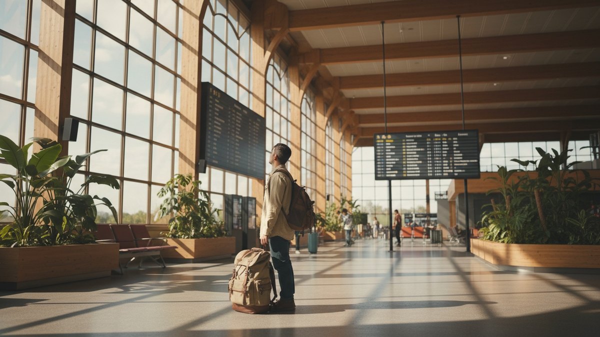 Voyageur avec un sac de voyage dans un terminal d'aéroport