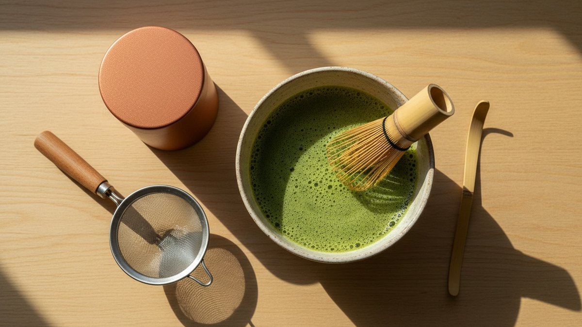 Bol de matcha vert émeraude avec fouet en bambou et spatule doseuse