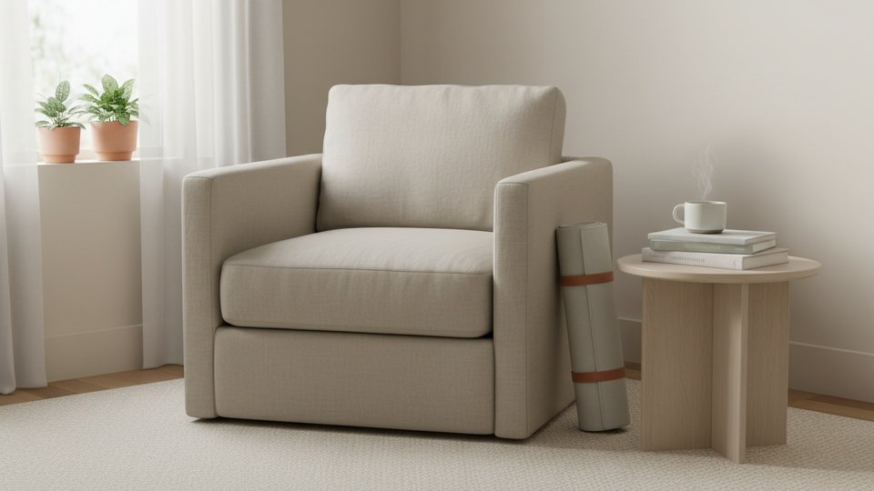 Coin lecture lumineux avec un fauteuil en lin, une tasse de thé vert et un sac de voyage en toile